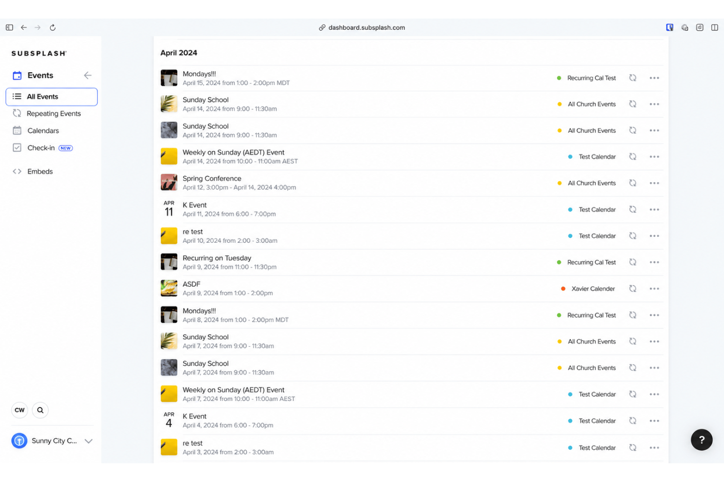 Subsplash event calendar with services, registrations, and event details.