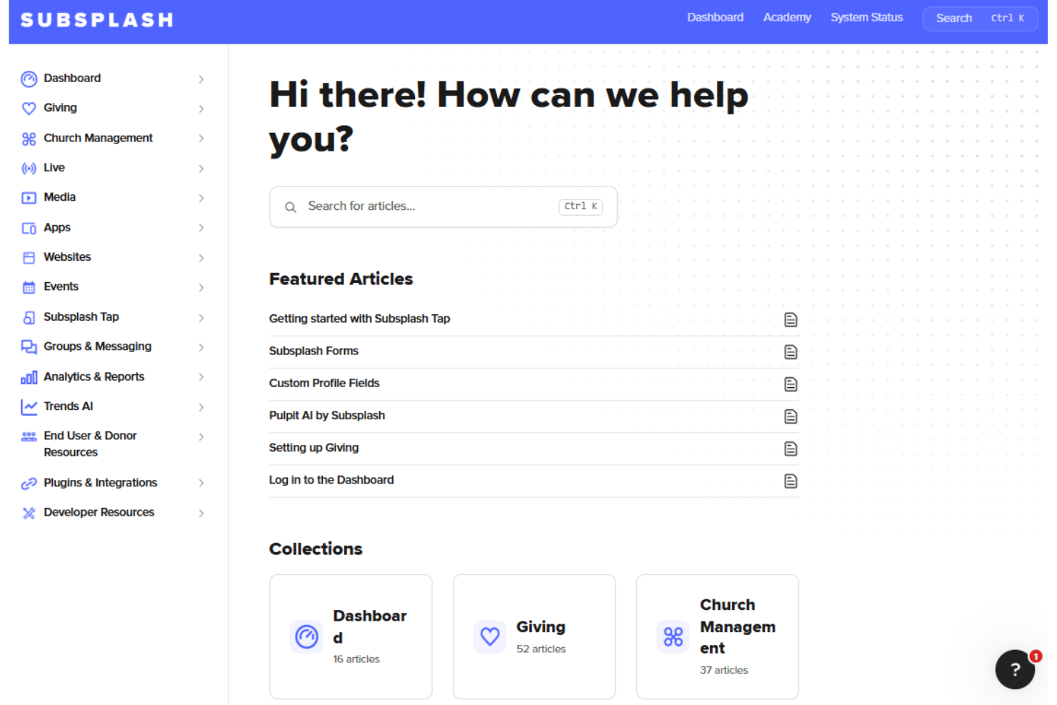 Subsplash onboarding with Academy guides, videos, and specialist support.