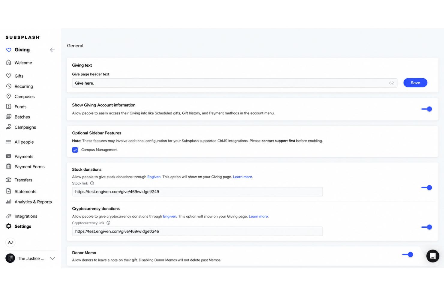 Subsplash online giving with recurring and one-time donation options.
