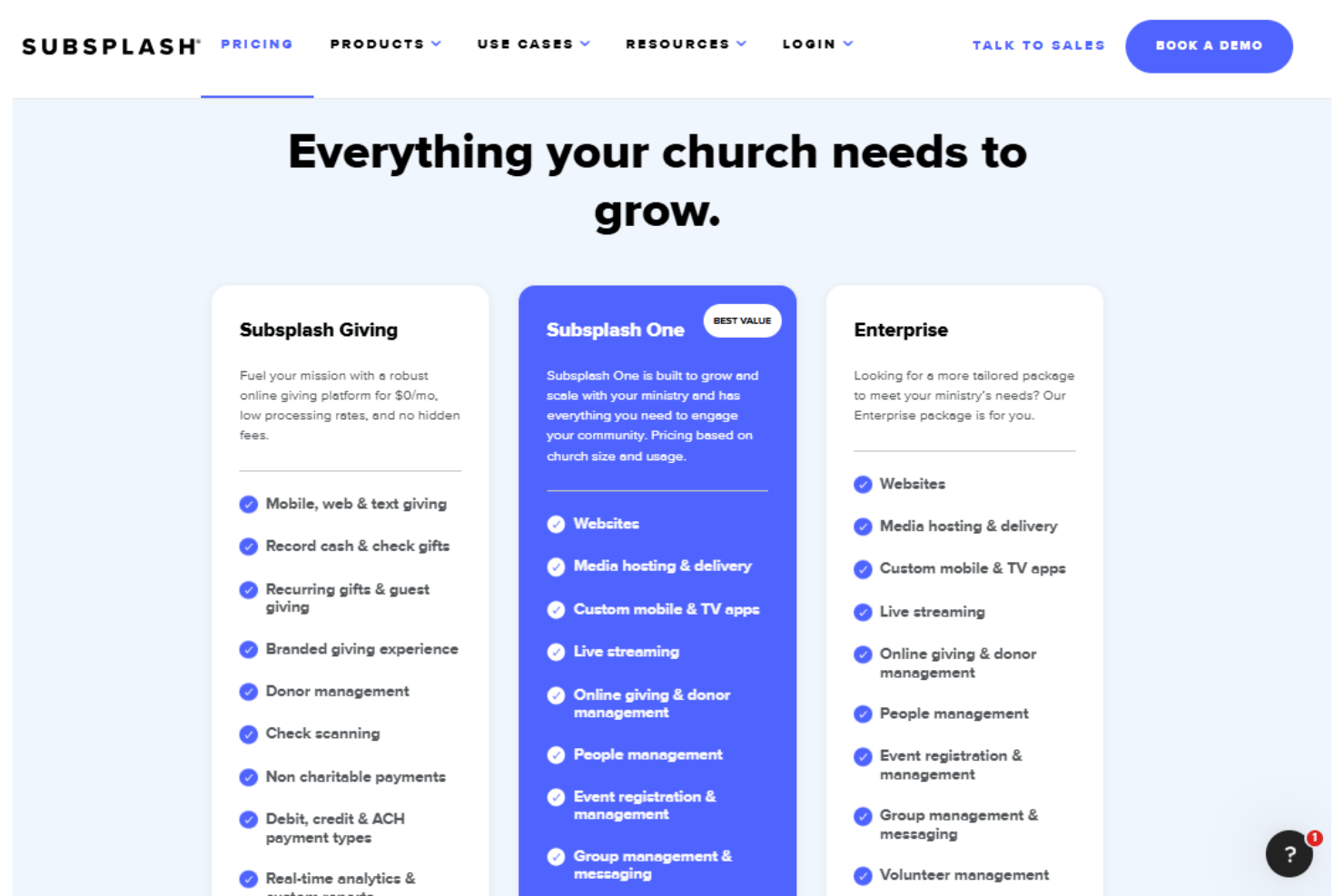 Subsplash pricing with Giving, Subsplash One, and Enterprise options.