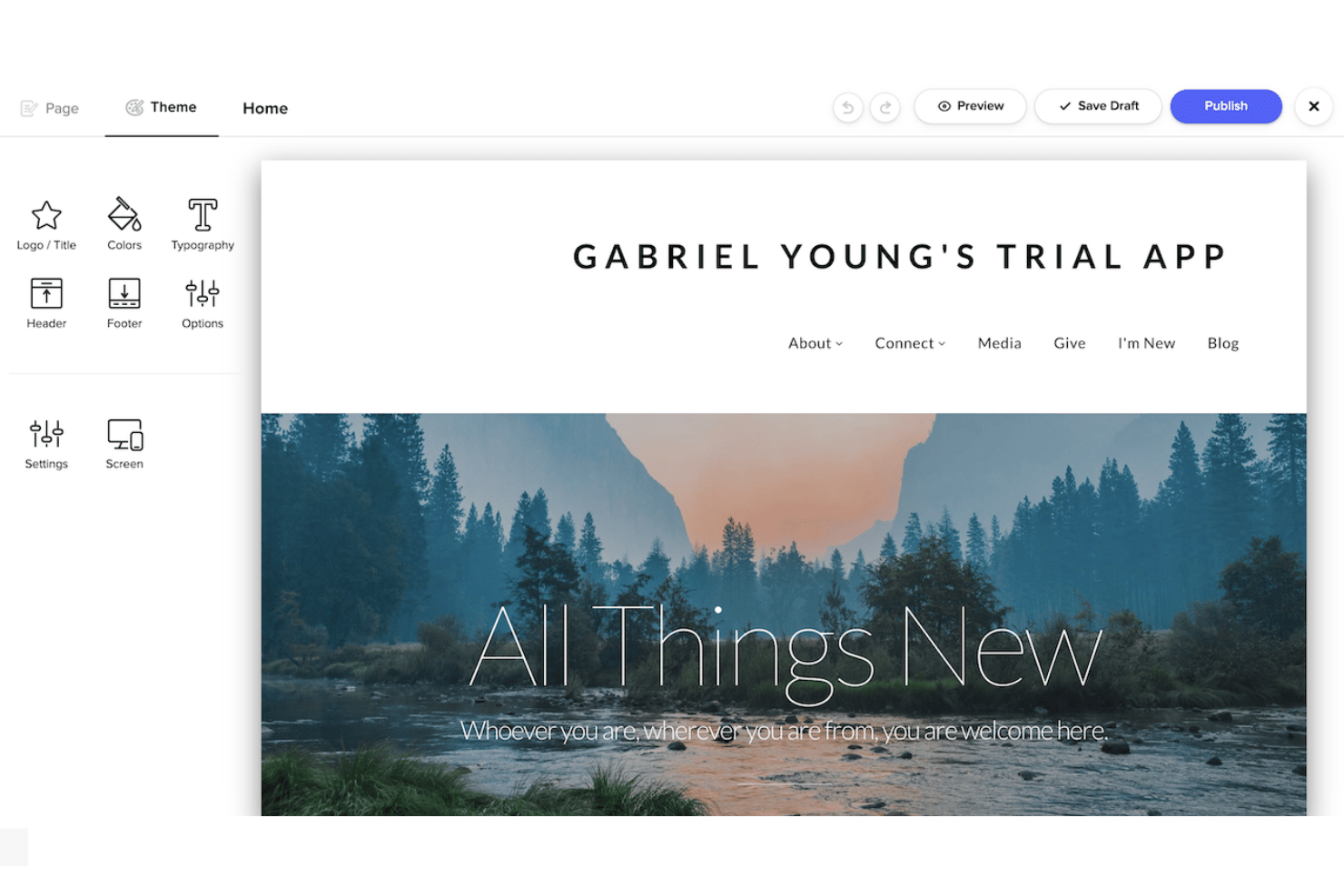 Subsplash website builder with church templates and page editing tools.
