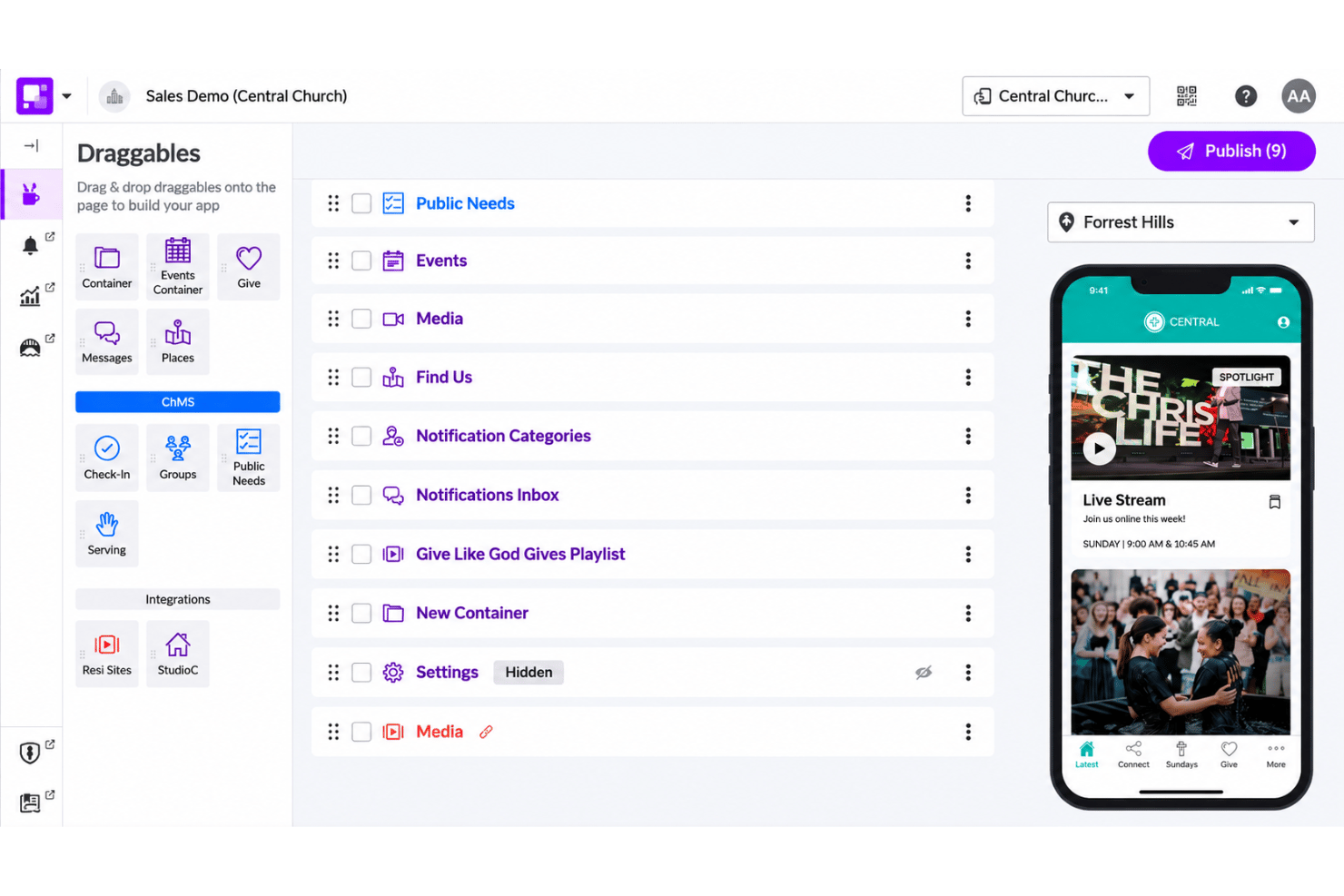 Pushpay church app with giving, events, prayer requests, and messages.