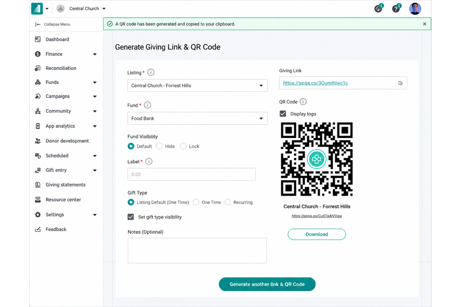 Pushpay giving dashboard with recurring gifts and payment options.