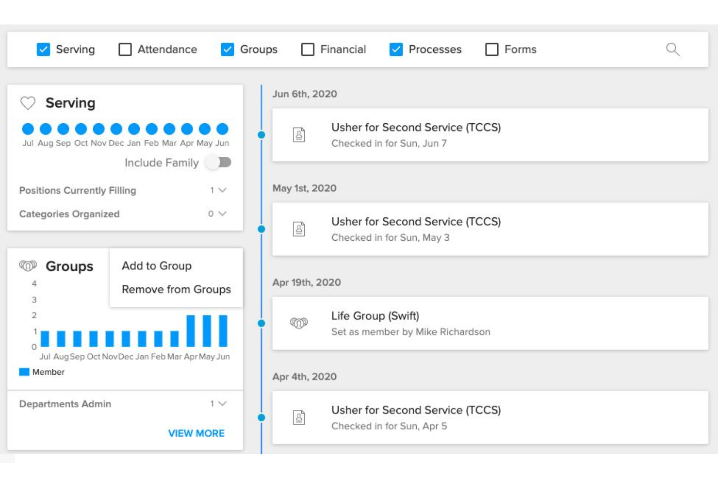 Pushpay member profiles with giving, attendance, and engagement data.