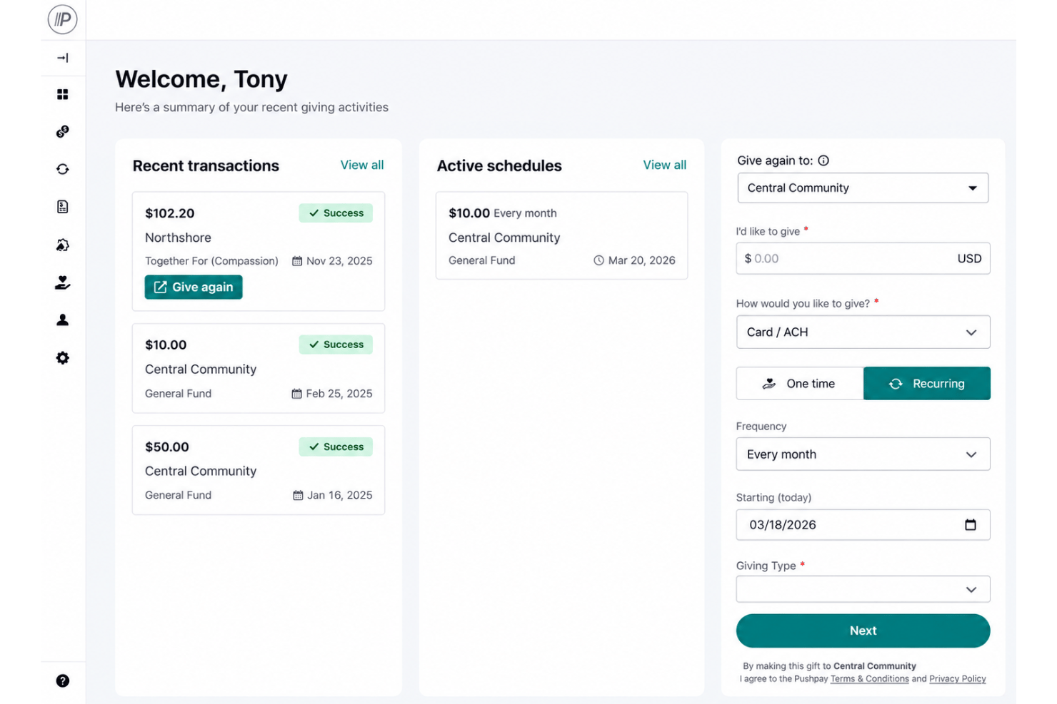 Pushpay dashboard with giving, events, donor records, and reporting tools.