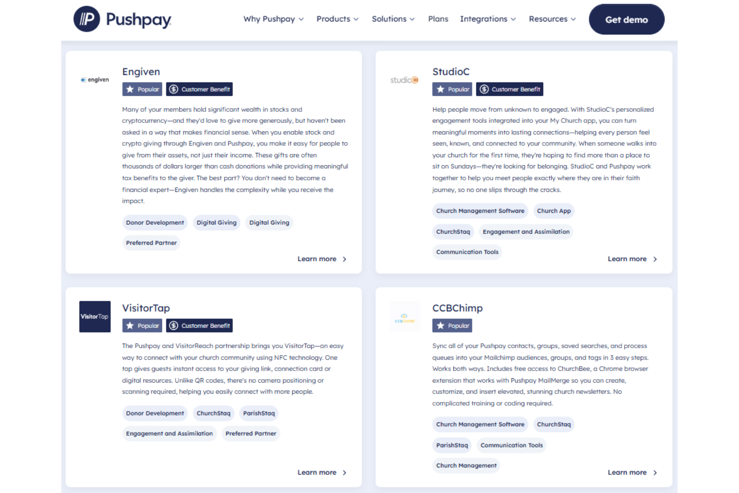 Pushpay integrations with Rock RMS, Mailchimp, QuickBooks, and Sage Intacct.