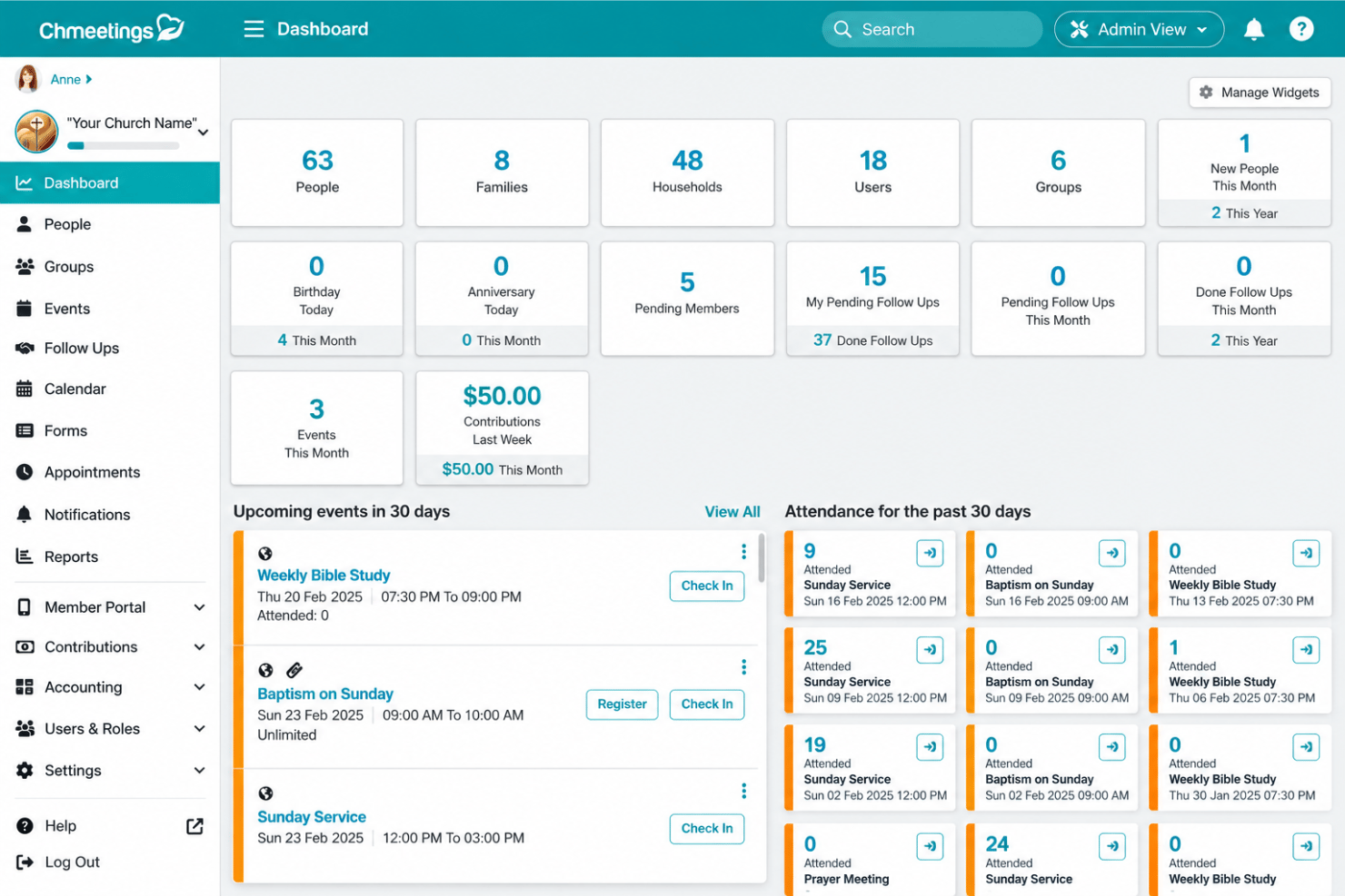 ChMeetings centralizes church management, giving, events, volunteers, and communications.