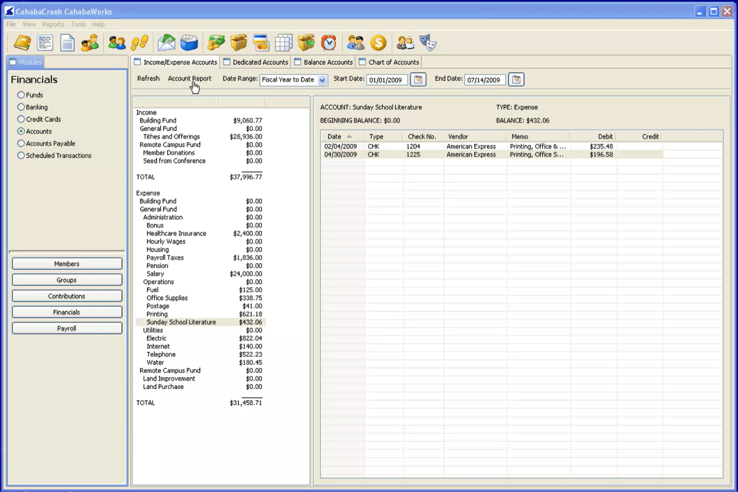 CahabaWorks runs church finances, funds, and member records in one system.