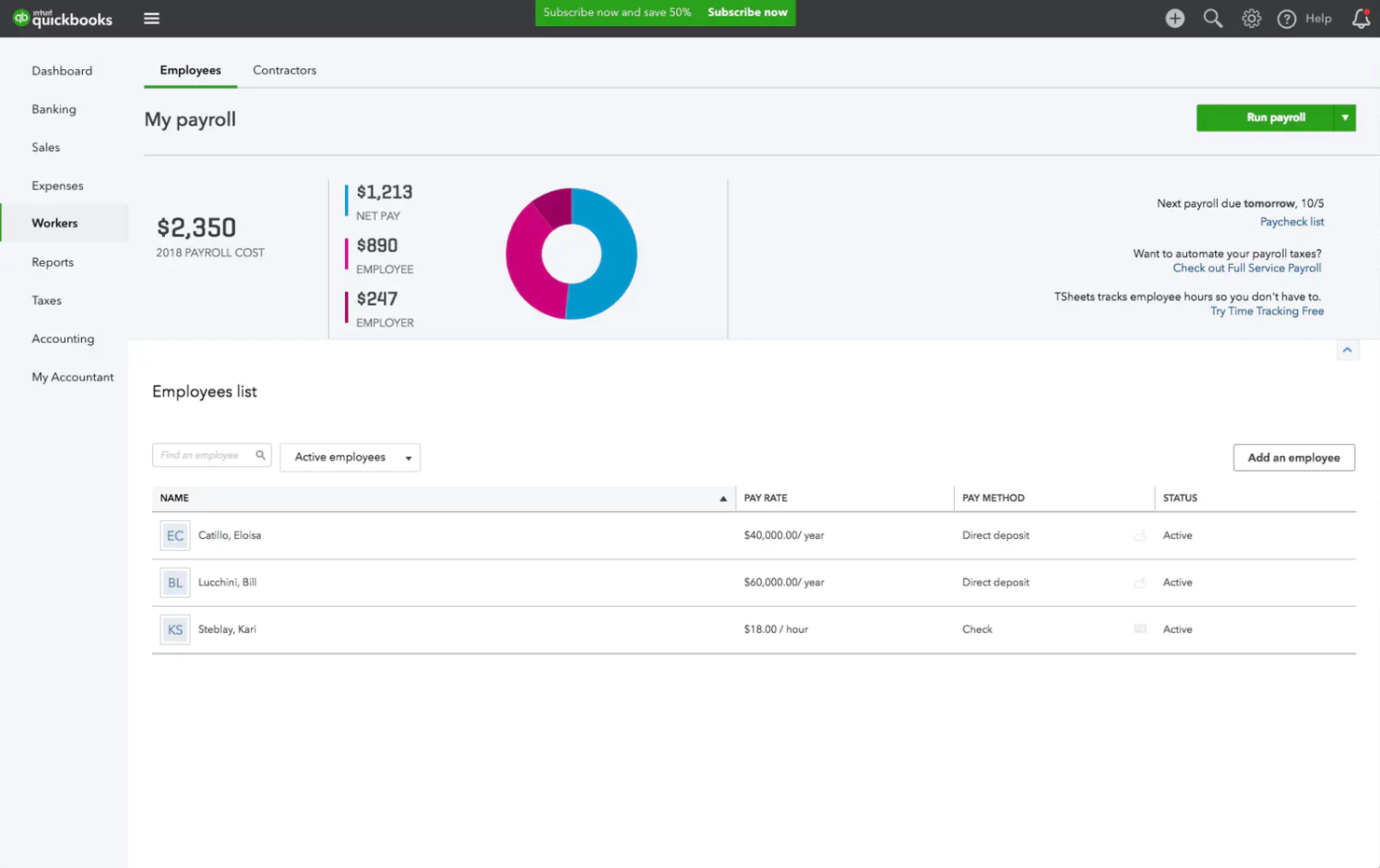 QuickBooks Payroll screenshot - 10 Beste Deel-Alternativen im Test 2026