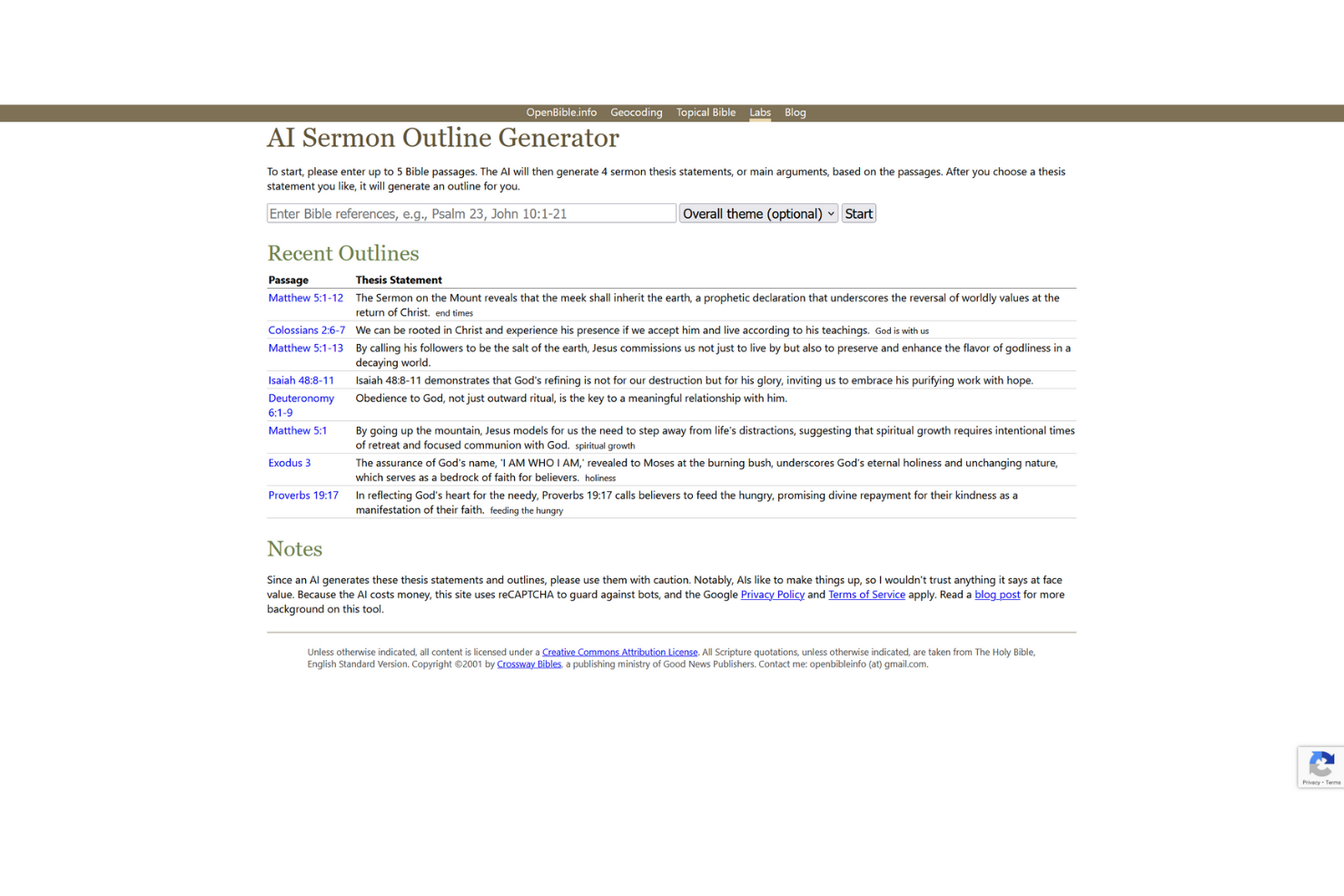 OpenBible.info screenshot - 10 Mejores Herramientas Generadoras de Sermones con IA para 2026