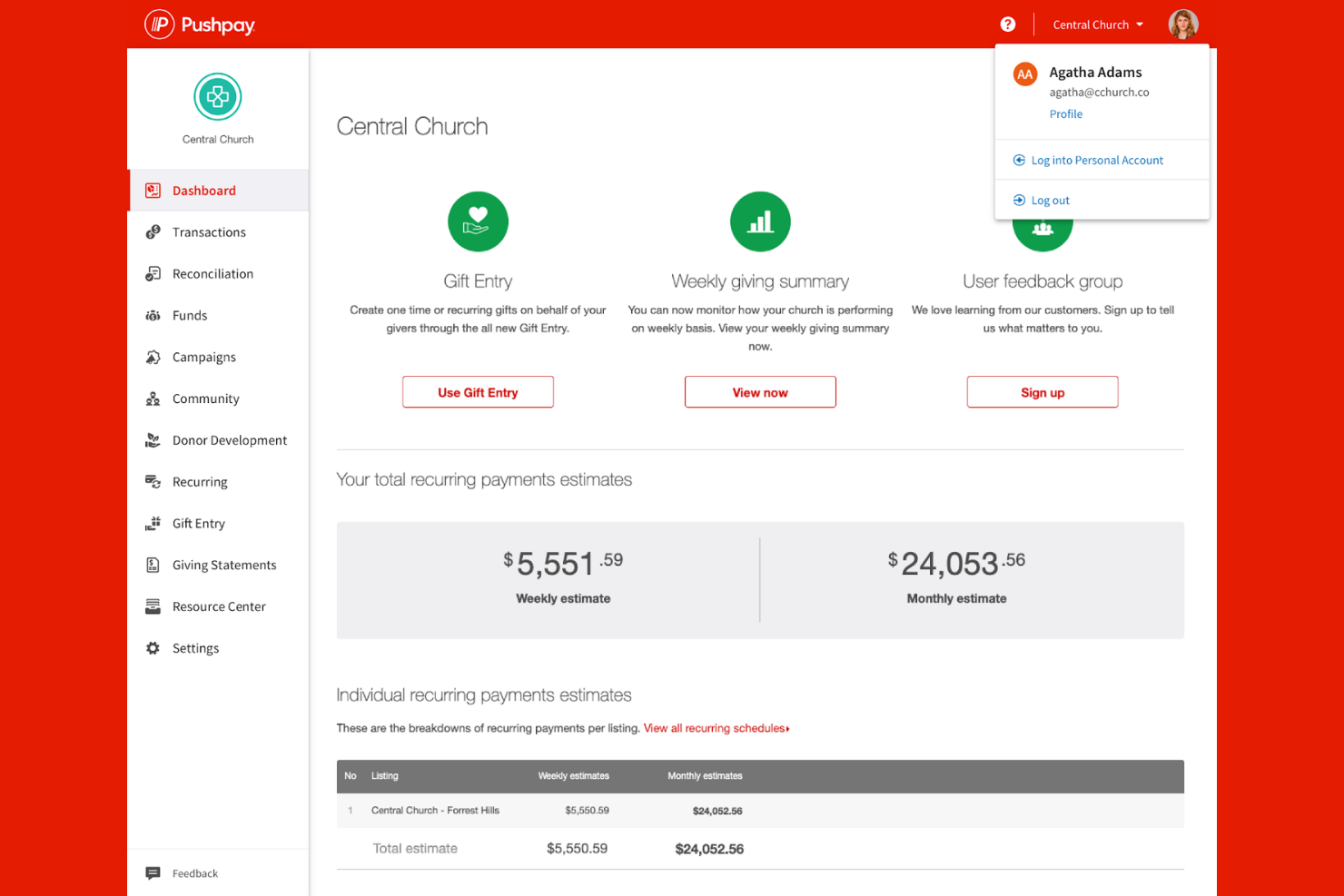 Pushpay screenshot - 2 Mejores plataformas de donaciones en línea para iglesias en 2026