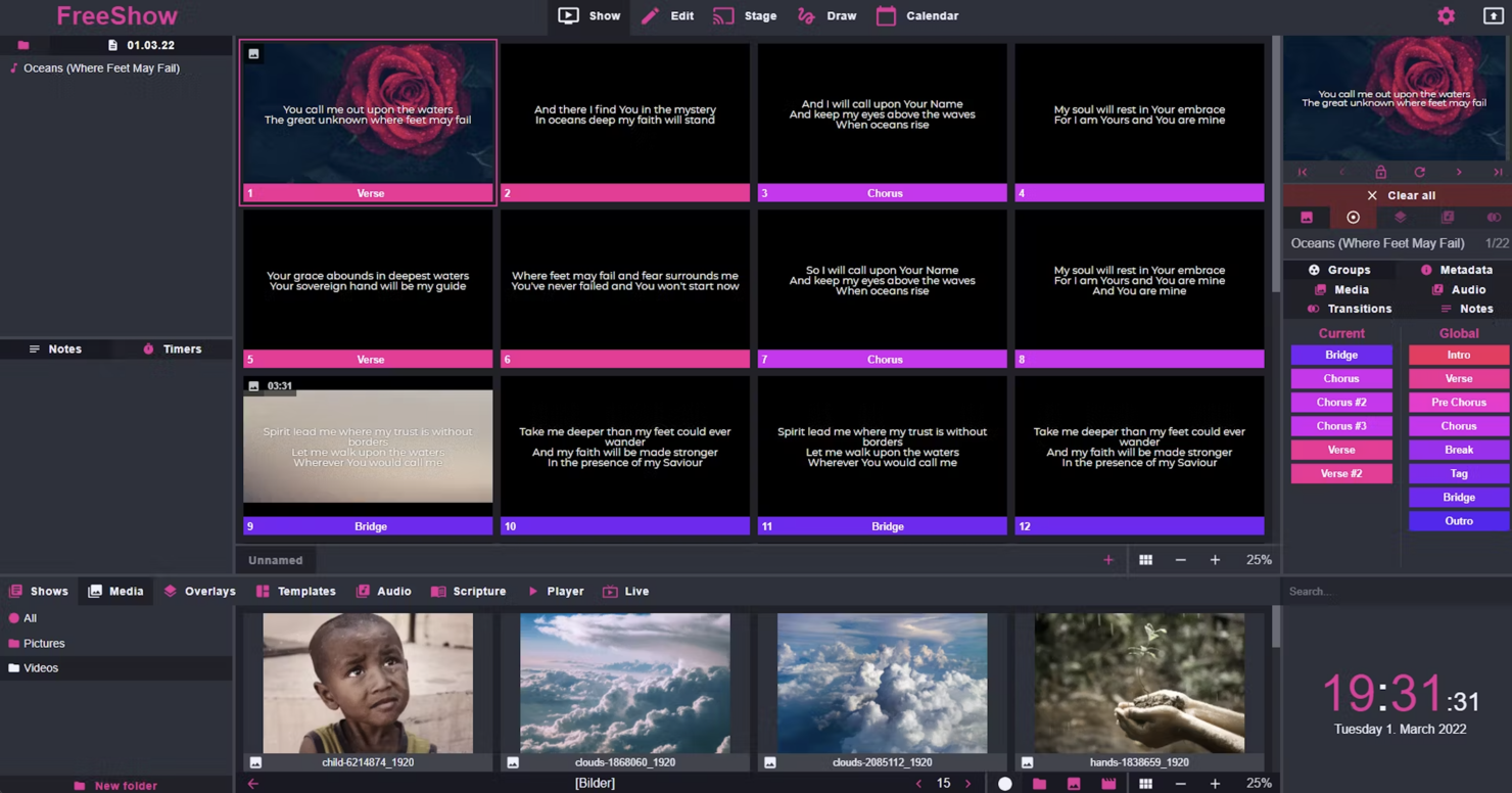 FreeShow screenshot - 10 Mejores Programas de Gestión de Iglesias de Código Abierto de 2026