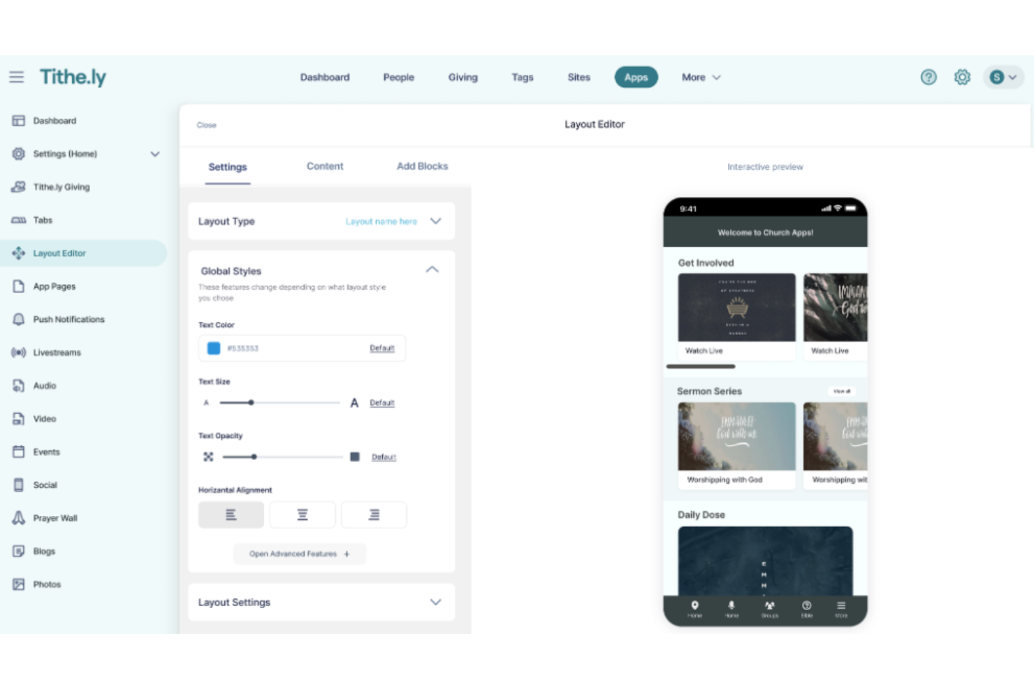 Tithe.ly Custom Church App screenshot - 10 mejores aplicaciones de directorio para iglesias analizadas en 2026