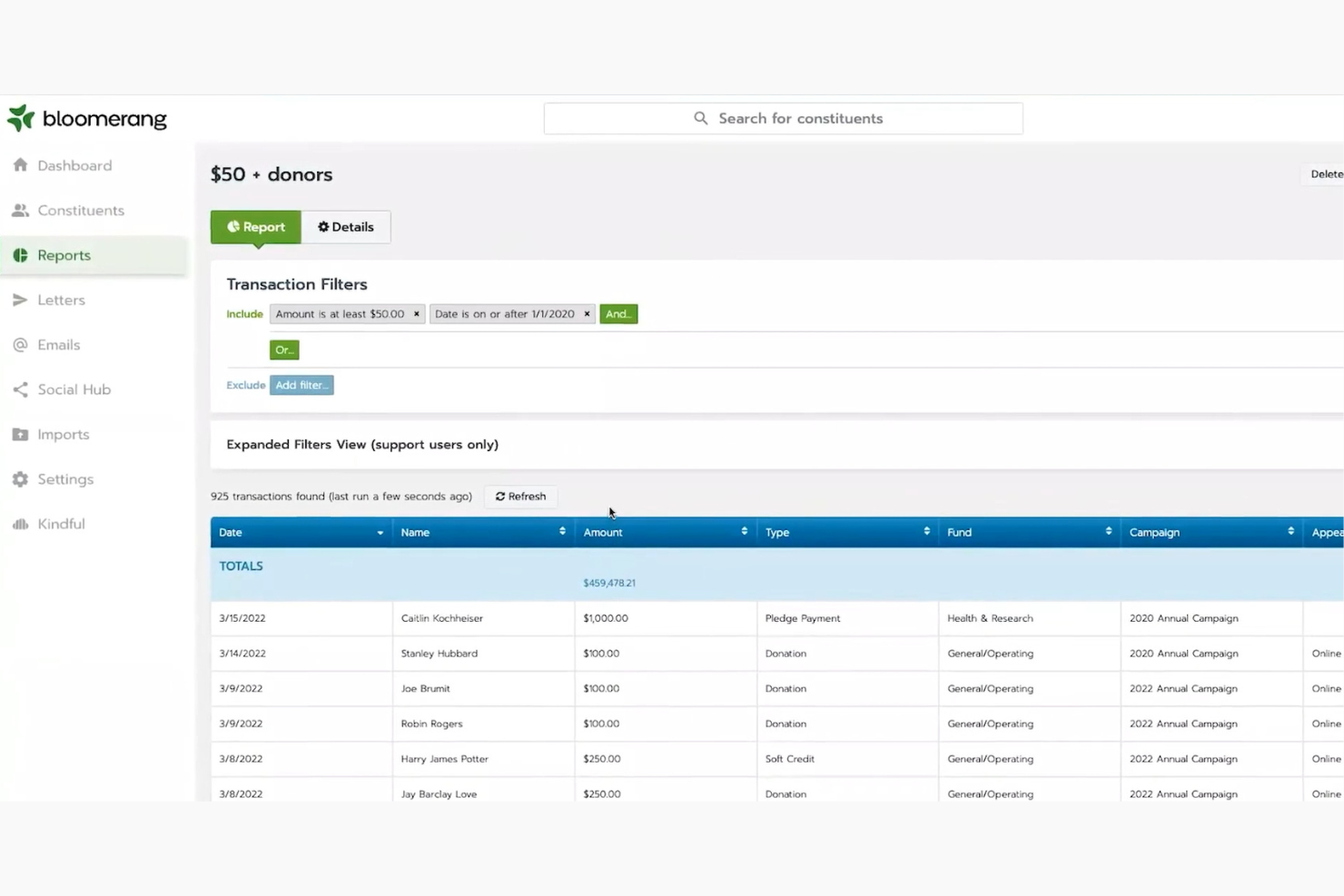 Bloomerang screenshot - 10 mejores procesadores de tarjetas de crédito para organizaciones sin fines de lucro en 2026