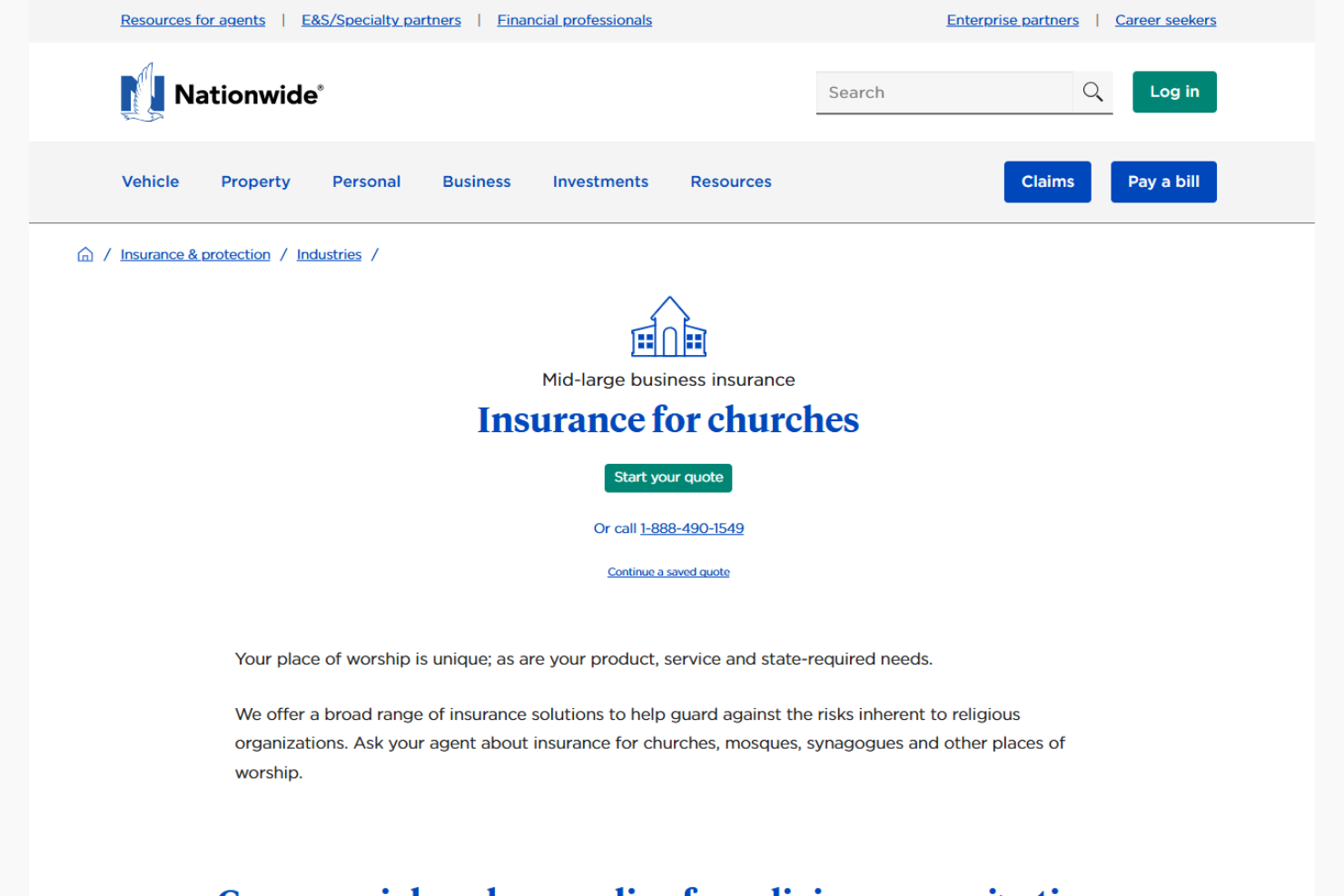 Nationwide Insurance screenshot - 10 Mejores aseguradoras para iglesias analizadas en 2026