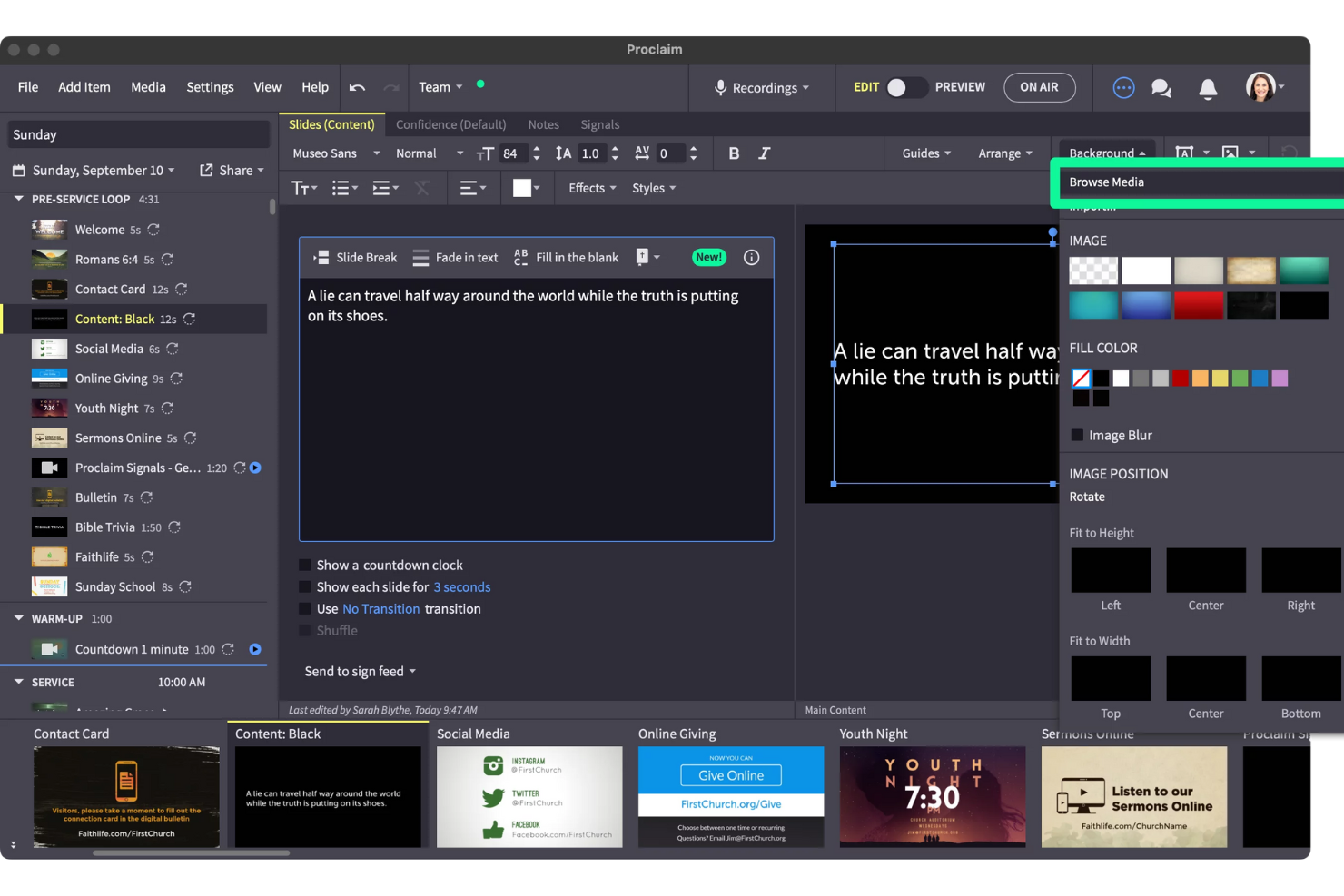 Proclaim screenshot - 10 Migliori Software per Presentazioni di Culto per Chiese 2026
