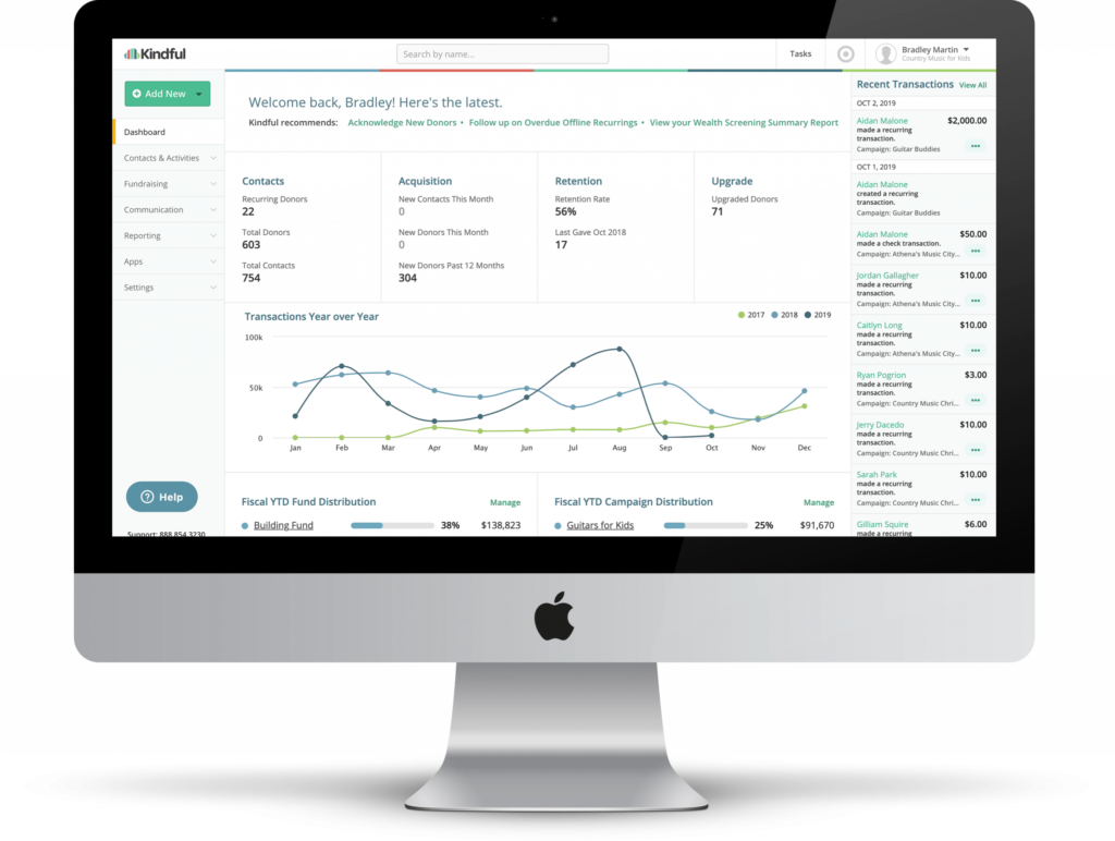 Kindful screenshot - 10 migliori software di gestione donatori per chiese nel 2026