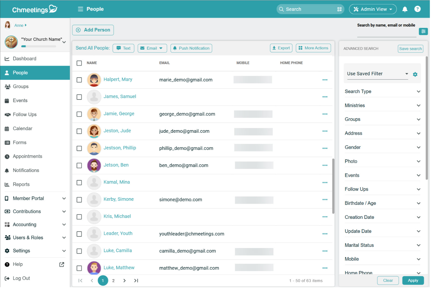 ChMeetings screenshot - 18 Mejores Software de Gestión de Contactos para Iglesias en 2026