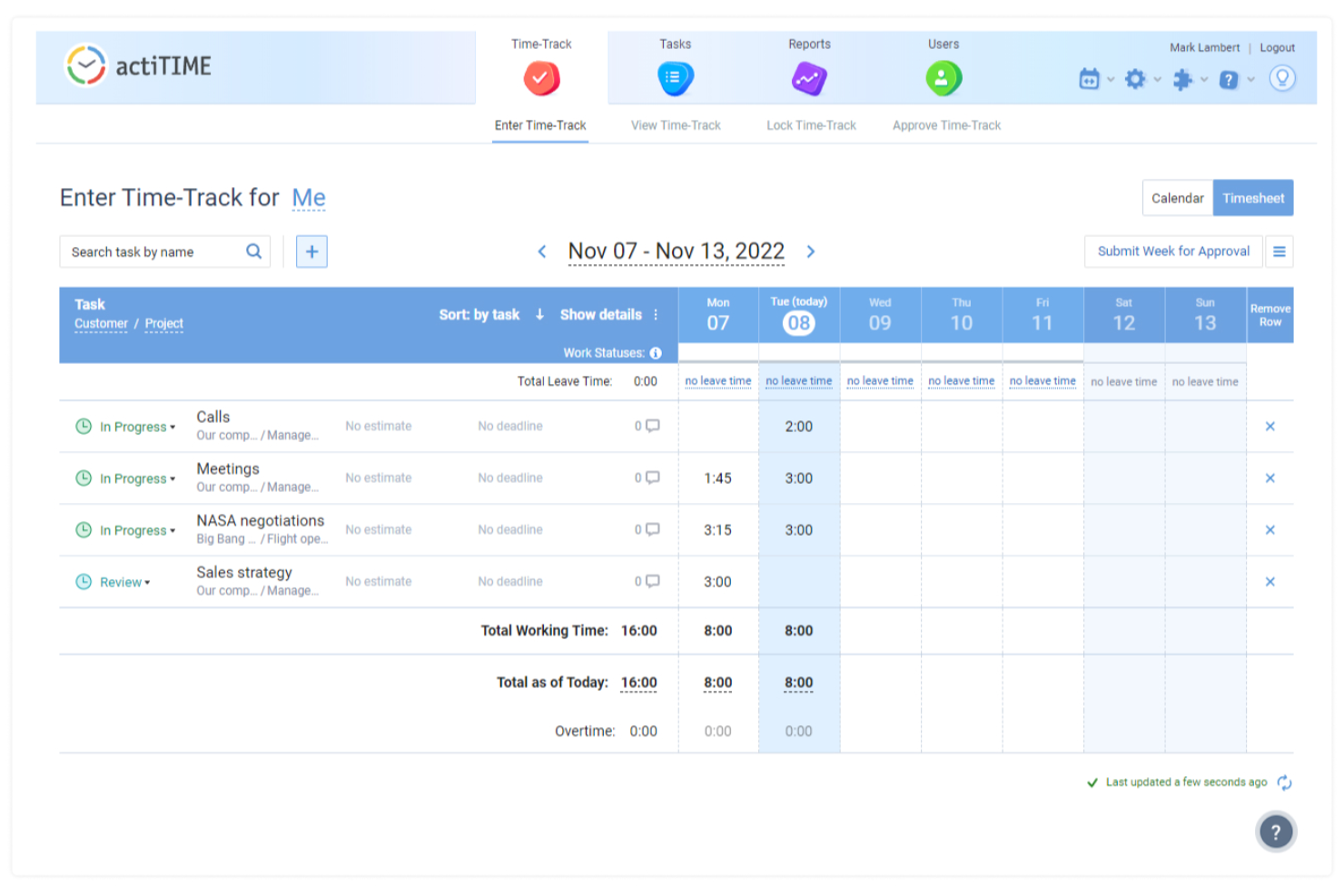 actiTIME screenshot - Las Mejores Herramientas de Software para Asistencia a la Iglesia de 2026