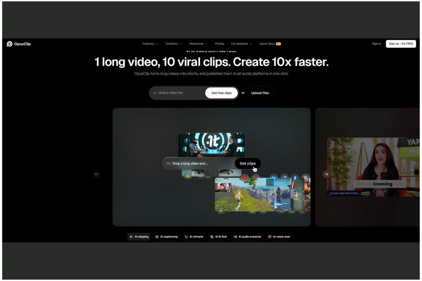 OpusClip screenshot - 10 Migliori Soluzioni di Marketing per Chiese con IA nel 2026