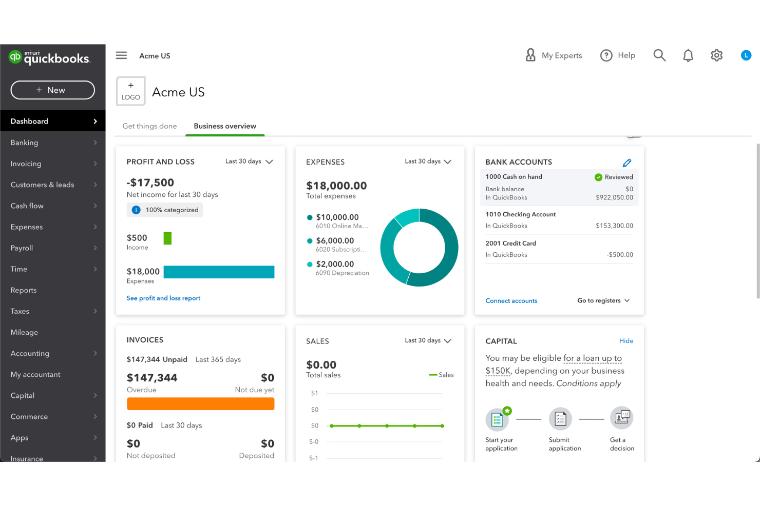 QuickBooks screenshot - 10 programas de gestión de gastos para iglesias en 2026