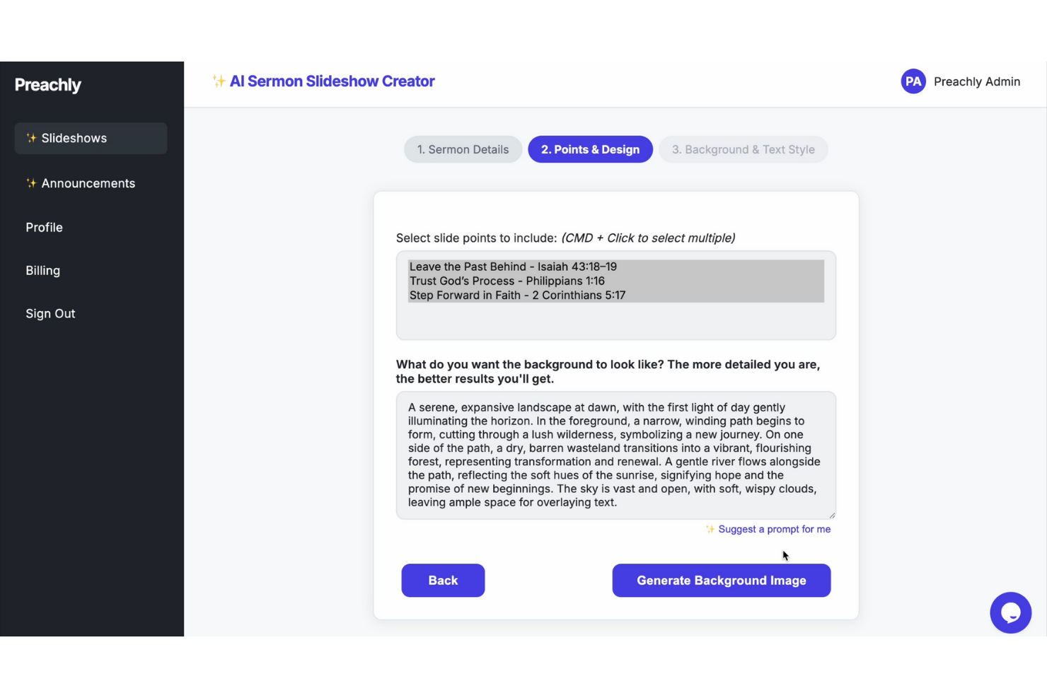 Preachly screenshot - 10 Migliori Strumenti Generatori di Sermoni con IA per 2026