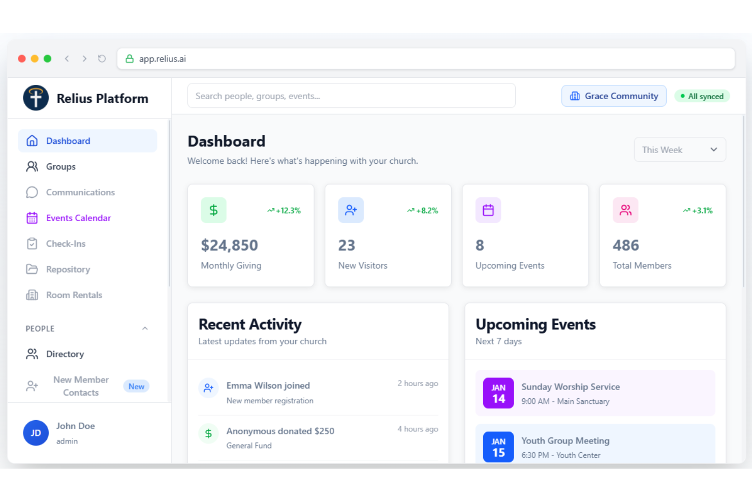 Relius screenshot - 13 AI Tools for Church Administration in 2026