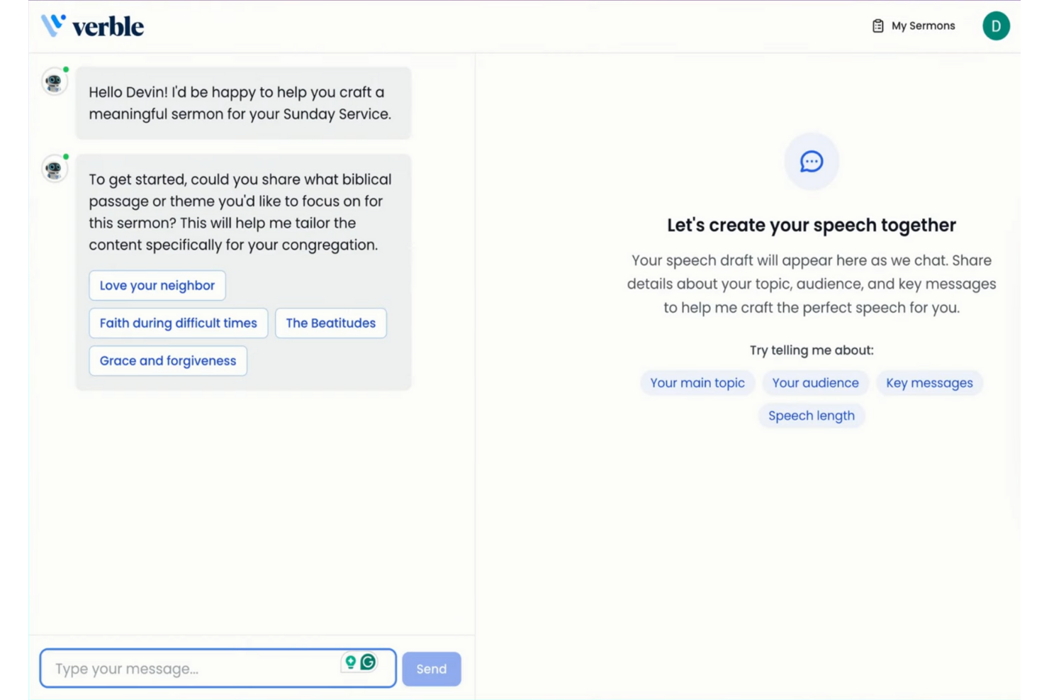 Verble screenshot - 14 Best AI Sermon Generator Tools for 2026