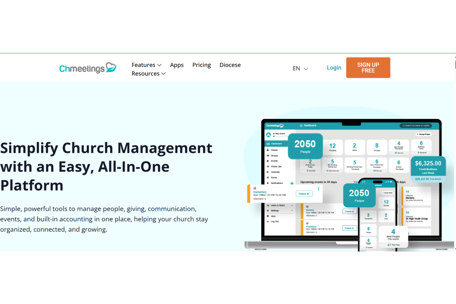 ChMeetings is an all-in-one platform for managing church members, events, and finances.