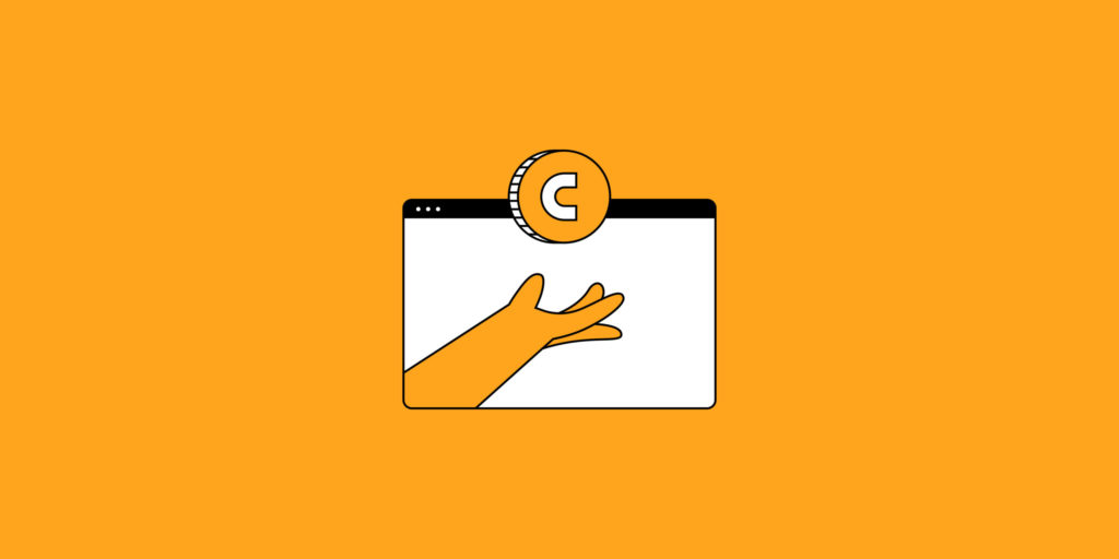 hand reaching out for a coin on a desktop screen on an orange background