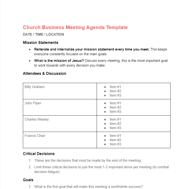 church business meeting agenda template screenshot