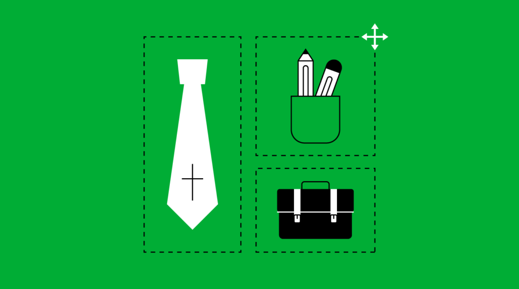 illustration of a tie with a cross on it next to a briefcase and a pencil cup for how to set up church administration