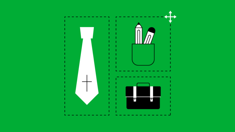 illustration of a tie with a cross on it next to a briefcase and a pencil cup for how to set up church administration