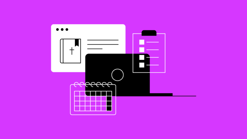 illustration of a laptop with screens of checklists and calendars floating around it for what is church management software