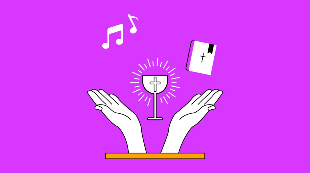 open hands with a chalice music notes and a bible floating above them for worship