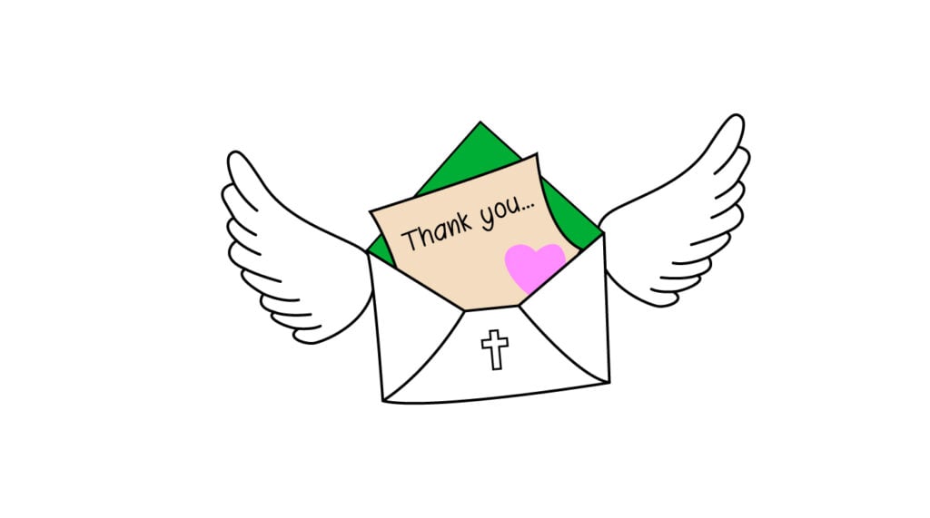 envelope with wings with a church donation thank you letter inside