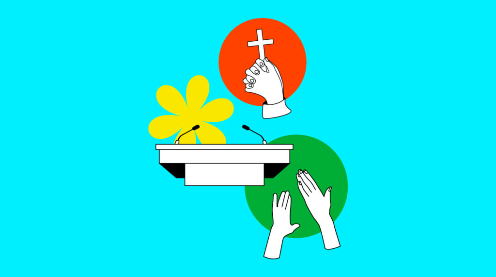 podium next to hands raised and hands holding a cross for how to organize a church conference