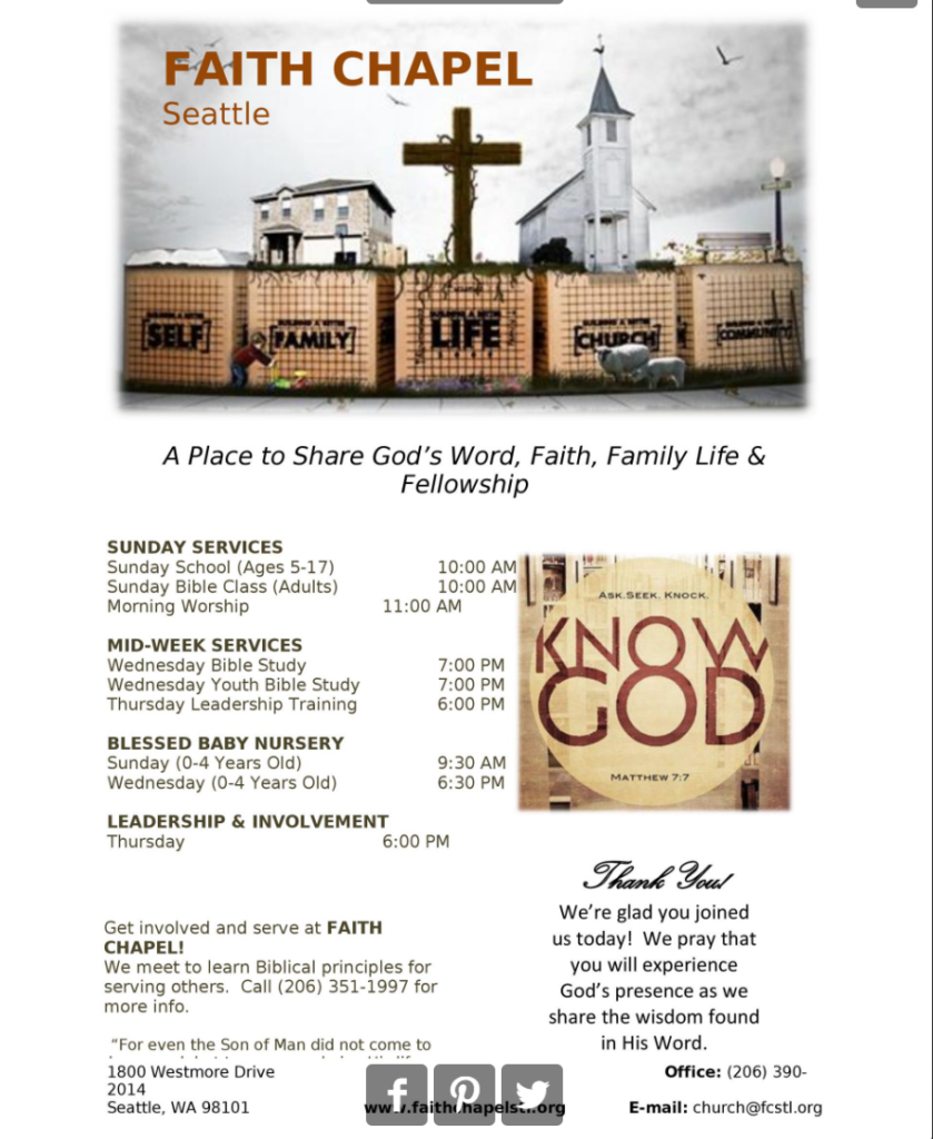 screenshot of faith chapel seattle church bulletin