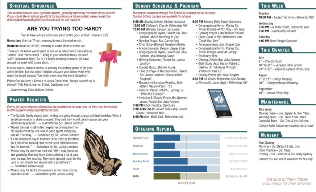 screenshot of new greater baptist church bulletin