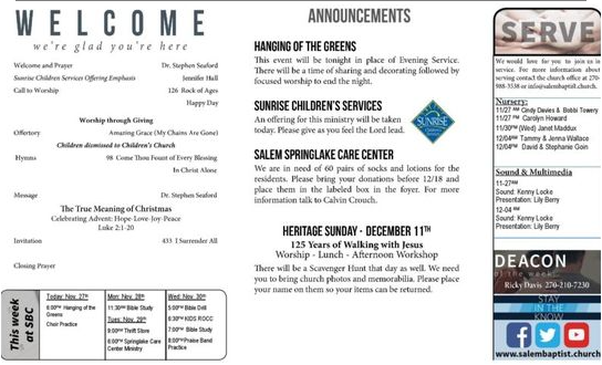 screenshot of salem baptist church bulletin