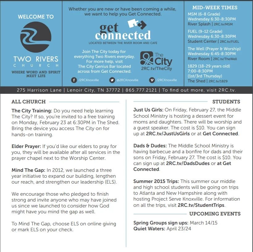 screenshot of two rivers church bulletin