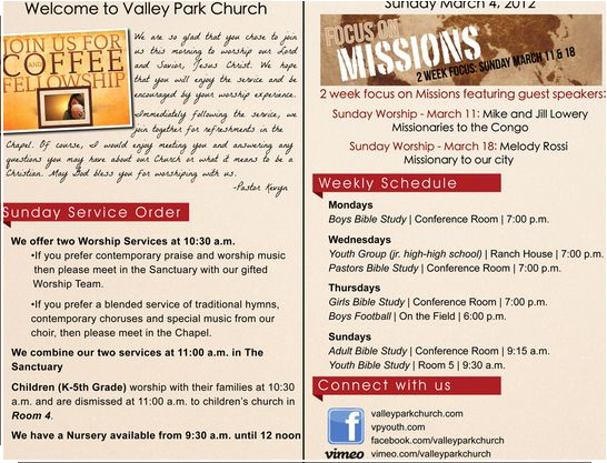 screenshot of valley park church bulletin