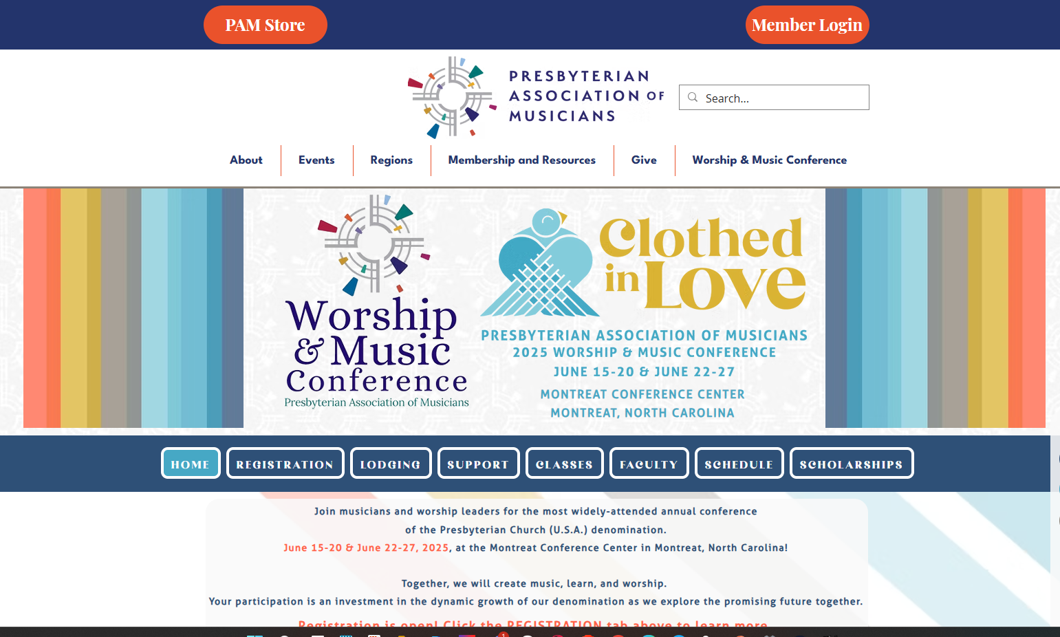 a landing page screenshot of Presbyterian Association of Musicians Conference