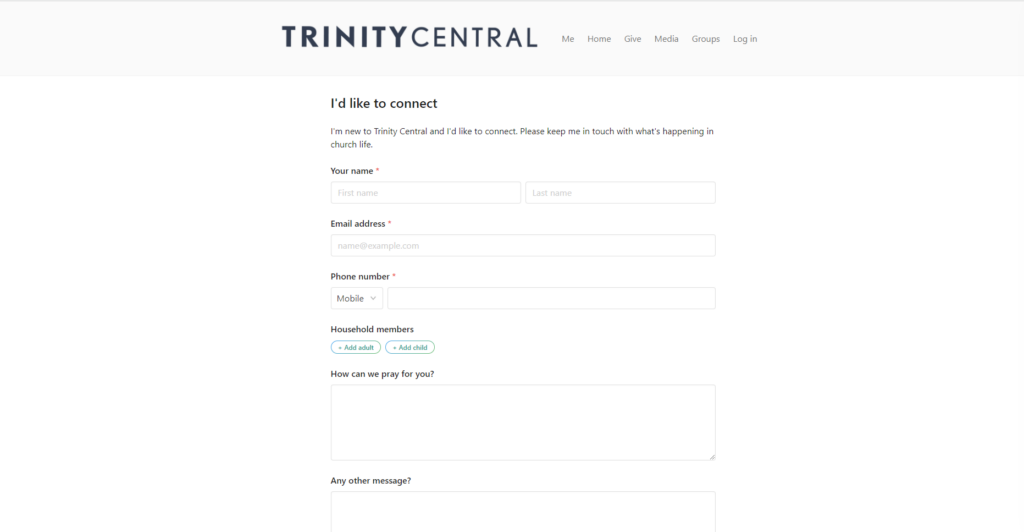 trinity central church connection card screenshot