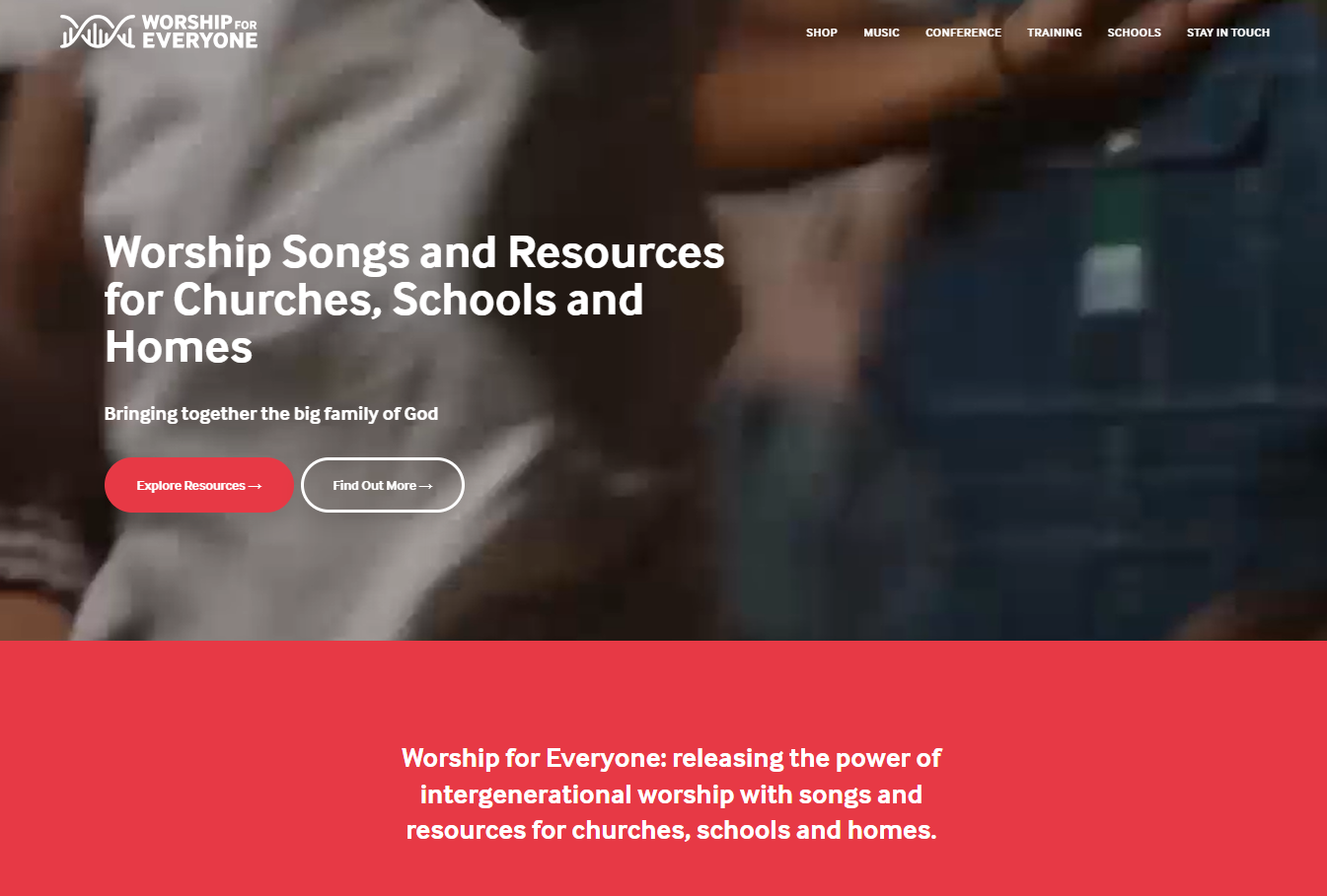 a landing page screenshot of Worship for Everyone Conference
