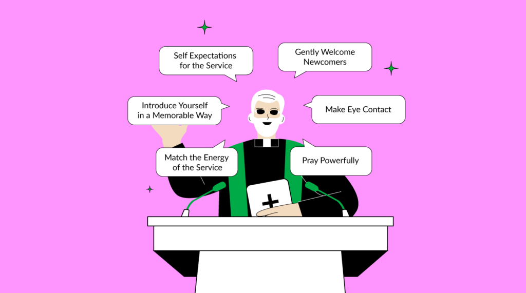pastor with speech bubbles containing the tips for a church welcome