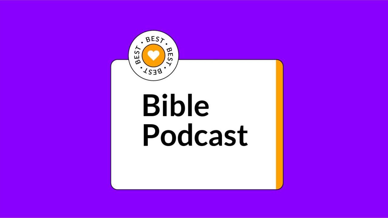 purple and white background with the text bible podcast