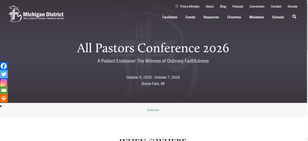 All Pastors Conference 2026 event page with conference title, theme, dates October 5–7, 2026, and location Boyne Falls, Michigan.