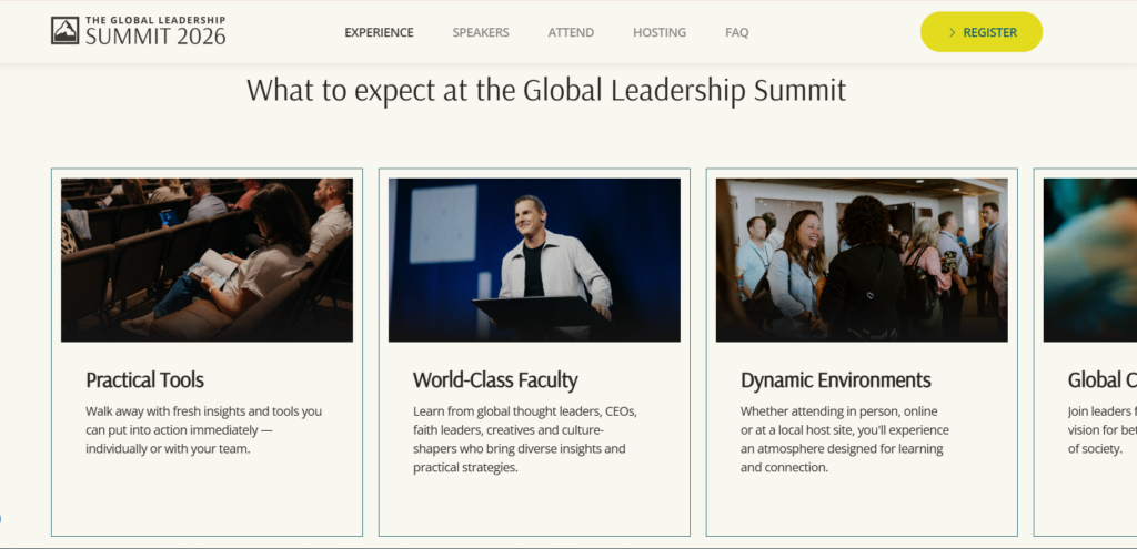 Global Leadership Summit 2026 webpage highlighting what to expect, including practical leadership tools, world-class faculty, and dynamic learning environments.