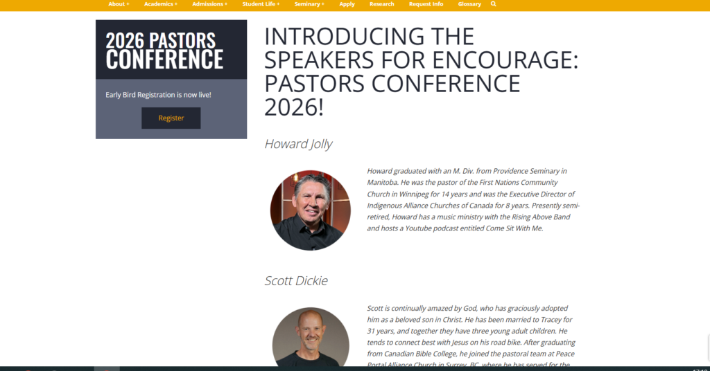Encourage Pastors Conference 2026 speakers page featuring pastor profiles.